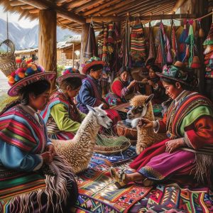 Indigenous women in traditional attire engaging with llamas in a vibrant market setting, showcasing cultural experiences and local craftsmanship in a travel context.