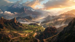 Breathtaking mountain landscape at sunset, showcasing rugged peaks and lush valleys, ideal for high-altitude expeditions and adventure travel.