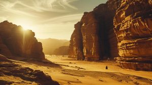 Desert landscape at sunset with towering rock formations and a lone figure, reflecting the unique and adventurous spirit of off-the-beaten-track travels in Saudi Arabia.