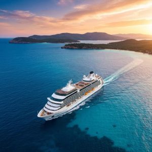 Luxury cruise ship sailing through tranquil blue waters at sunset, exploring remote islands and coastlines, reflecting adventure and expedition travel.