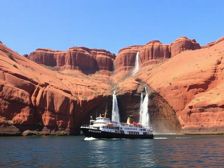 Luxury expedition cruise ship navigating through stunning red rock formations and waterfalls, showcasing remote wilderness and adventure travel.