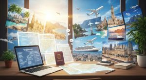 Travel planning workspace with a laptop, maps, a passport, and travel destination images, illustrating personalized travel experiences and insights for Off The Beaten Track Travel Australia.