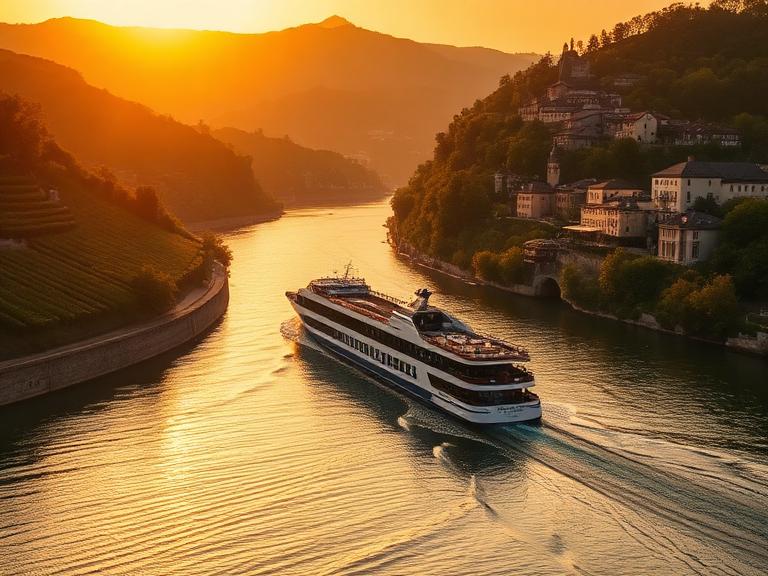 Luxury cruise ship navigating a tranquil river at sunset, surrounded by lush hills and charming coastal towns, illustrating serene coastal journeys and immersive travel experiences.