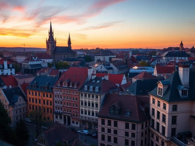 Sunset over a city skyline featuring historic buildings with spires, showcasing vibrant rooftops and a warm, colorful sky, ideal for luxury travel planning and exploration.