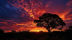 Breathtaking sunset panorama with vibrant orange and purple skies, silhouetted tree against the backdrop, reflecting the adventurous spirit of Off The Beaten Track Travel's unique expedition journeys.
