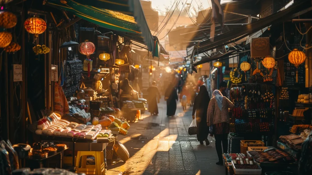 Vibrant marketplace scene with local artisans, colorful crafts, and shoppers engaging in authentic cultural experiences, highlighting culinary treasures and sustainable tourism practices.